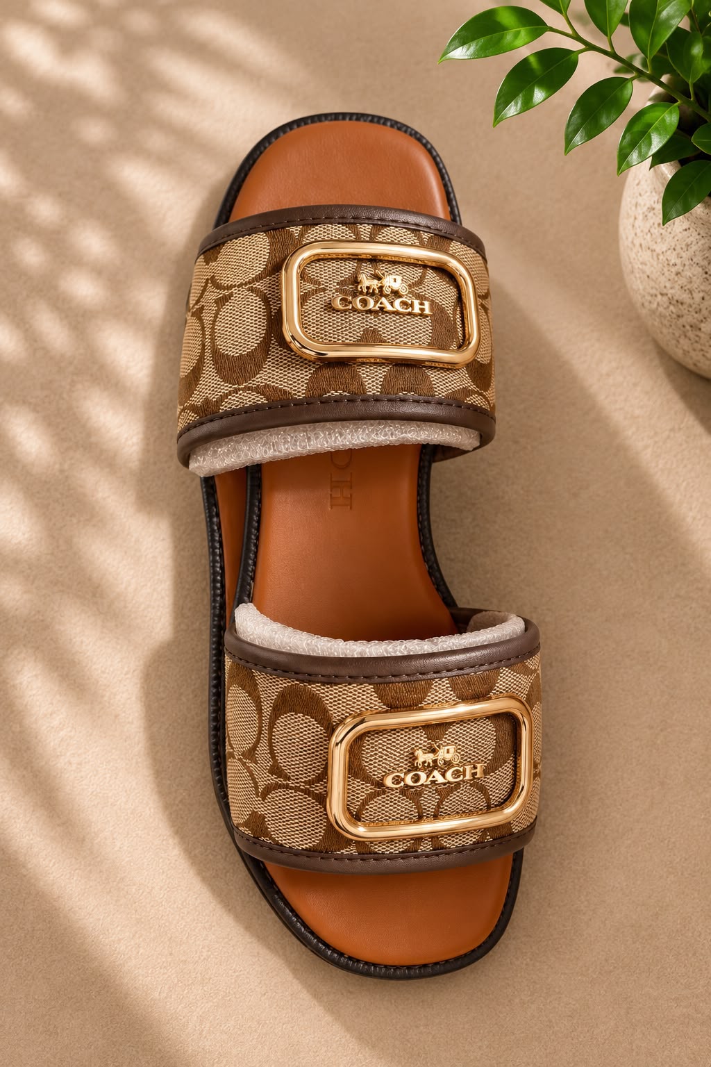 Coach signature canvas double strap slide sandal in khaki brown with gold buckle