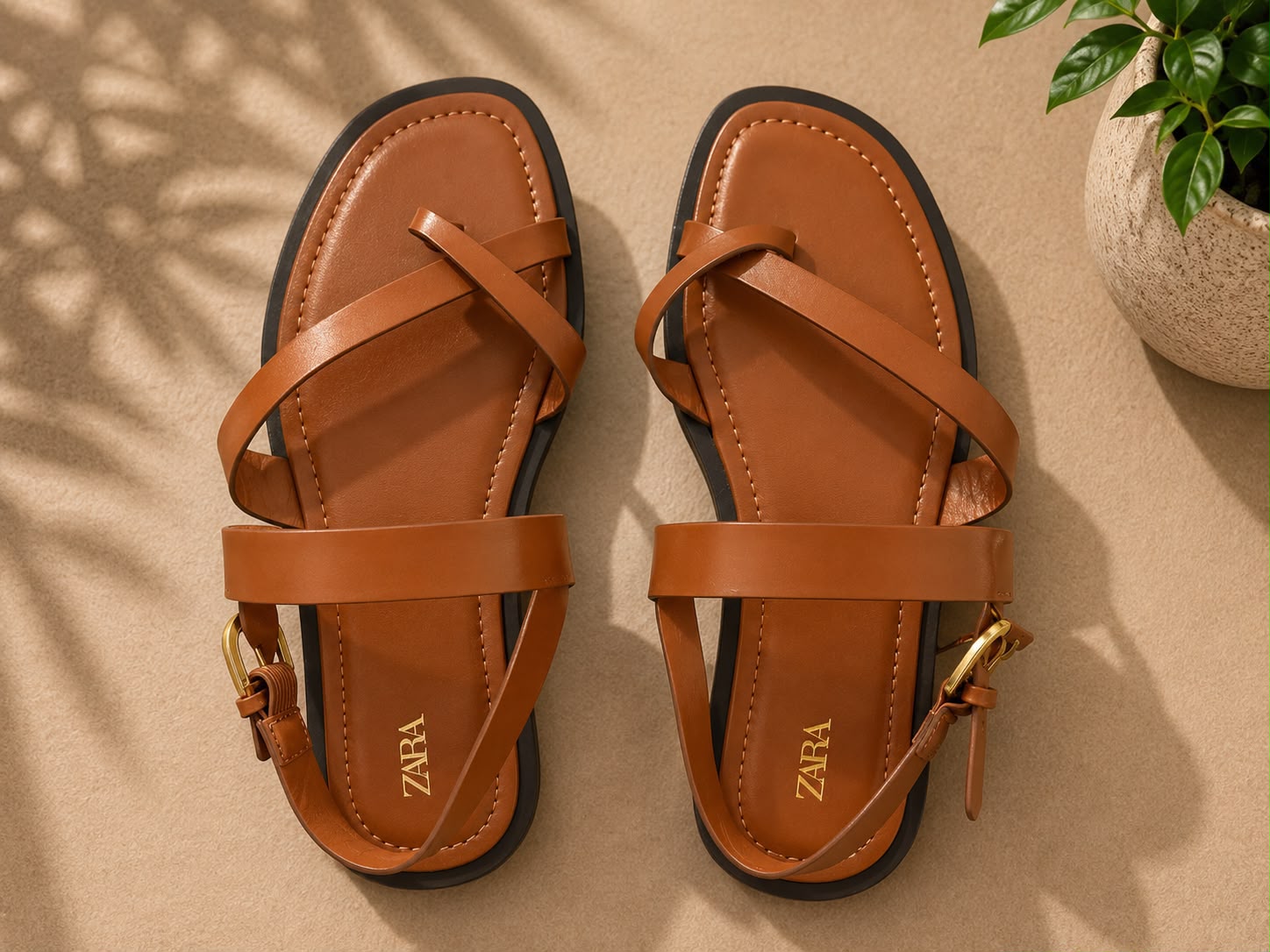 Zara tan leather crossover strap sandal with gold buckle
