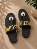 Moschino logo thong sandal in black leather with gold 3D letter hardware