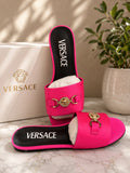 Versace Medusa Slide in fuchsia pink leather with gold Medusa medallion hardware