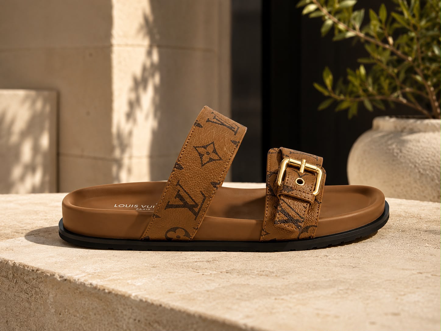 Louis Vuitton Waterfall Slide in brown monogram canvas with oversized gold square buckle