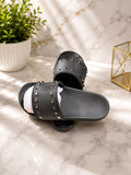 Valentino Rockstud Slide in black leather with gunmetal pyramid stud hardware